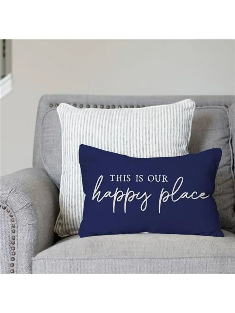 Happy Place Pillow Cover 12x20 Blue Farmhouse Lumbar Cushion Case for Couch Sofa
